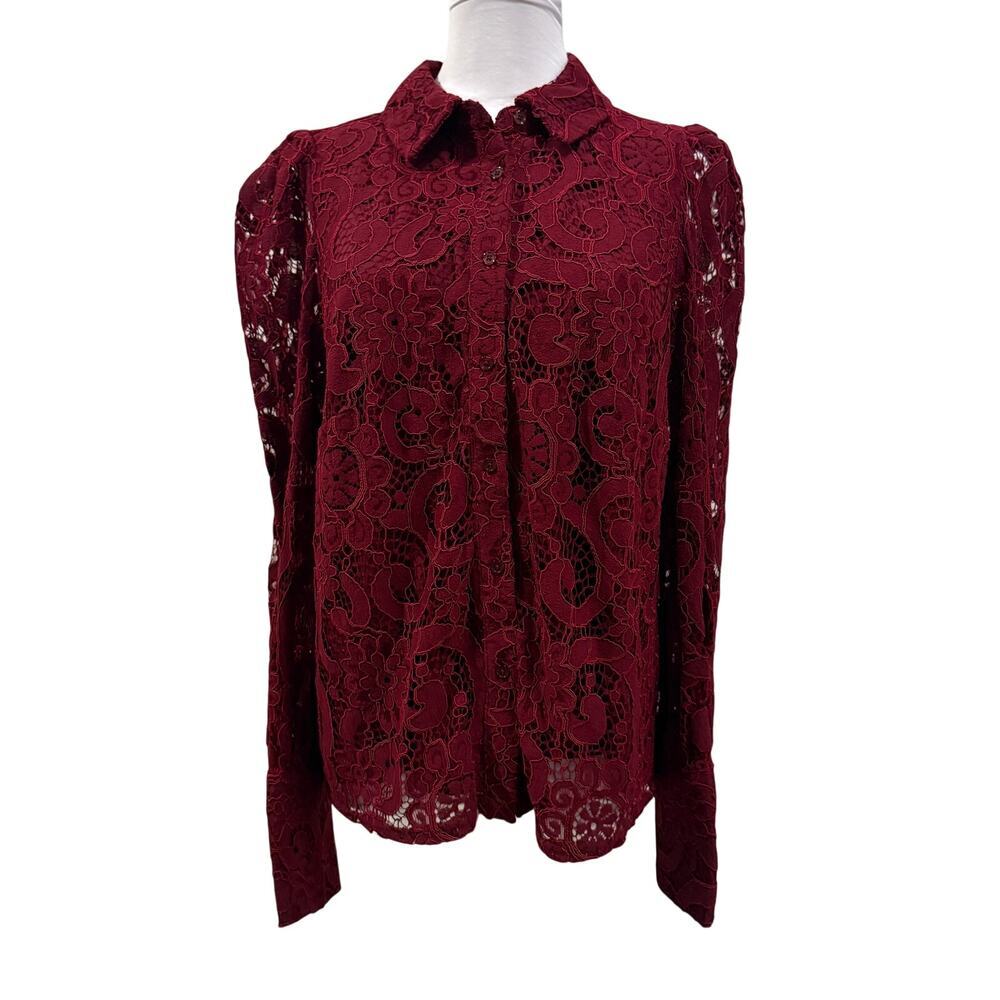 Nanette Lepore Burgundy Lace Button Front Blouse Romantic Puff Sleeve Medium